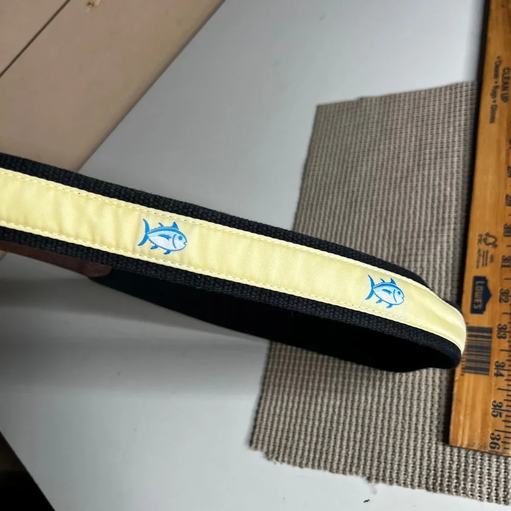 Southern Tide Mens 36 Belt Navy Canvas Yellow Ribbon Skipjack Fish Leather Trim